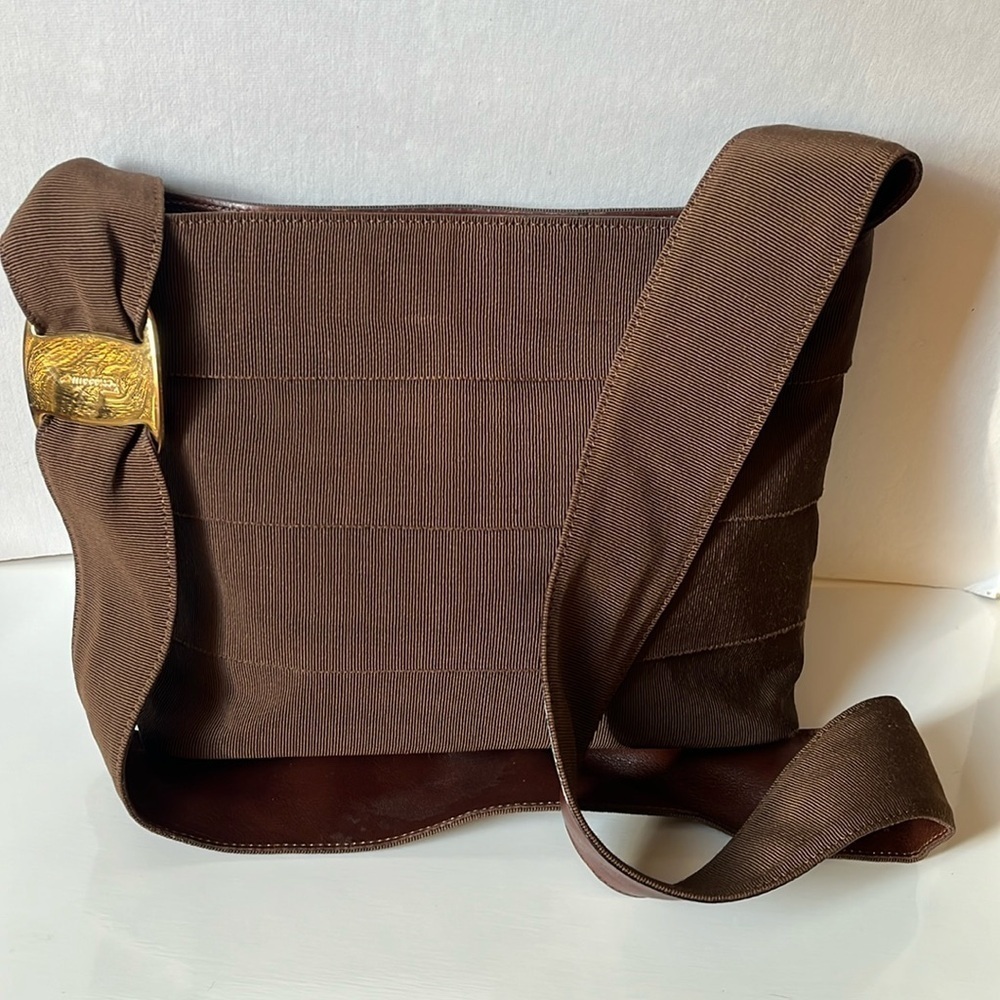 Vintage Salvatore Ferragamo Brown Grosgrain Ribbon Leather Brown Shoulder Bag